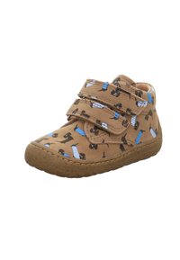Velcro-closure children's boot in brown fabric with dog print patterns and blue accents. Round toe and textured rubber sole.