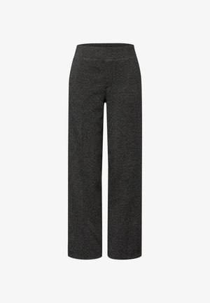 Tummanharmaat leveälahkeiset neulospantsit, joissa on joustava vyötärö ja hienovarainen kuvio, esillä edestä valkoista taustaa vasten.