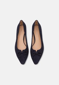 Ballerine in suede blu navy con punta affilata, dotate di un dettaglio centrale a fiocco e una fodera interna liscia. Design con suola piatta.