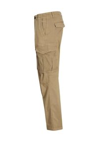 Pantalons cargo beiges avec plusieurs poches, coupe droite et texture subtile. Fabriqués en tissu durable, avec des détails de couture et des passants de ceinture.