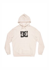 Cream-colored hoodie made of soft fabric featuring a black DC logo with a star, kangaroo pocket, and drawstring hood.
