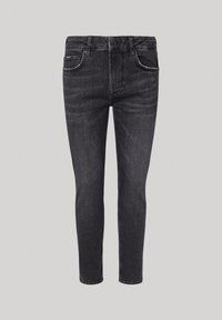 Svarta denimjeans med slim fit, femficksdesign och synlig söm. Har knäppning och dragkedja fram.