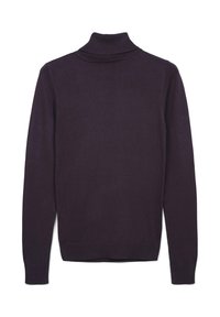 Maglione a manica lunga color viola scuro con colletto a dolcevita, polsini e orlo rigati, esposto piatto su uno sfondo bianco.
