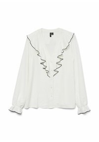 Blusa blanca de botones con cuello en V, con acentos de volantes negros a lo largo del escote y los puños, hecha de una tela texturizada.