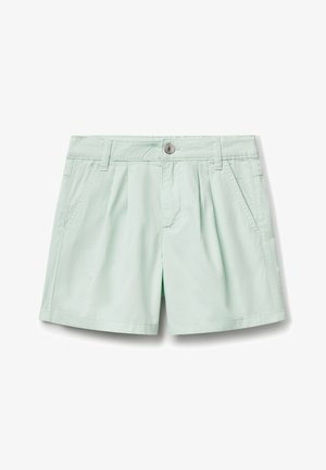 Helle mintgrüne Shorts mit Knopfverschluss, vorderen Falten und Seitentaschen. Hergestellt aus weichem Stoff mit tailliertem Schnitt.