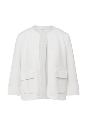 Witte jas met open voorkant, cropped mouwen en twee klepzakken aan de voorkant, met een ronde halslijn en licht, gladde stof.