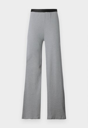 Black and white striped flared pants with a smooth elastic waistband. Lightweight fabric, featuring horizontal pattern throughout.