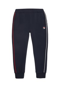Marina idrottsbyxor med röda och vita sidostråkar, elastisk midja och ribbad mudd. Har en liten logotyp på övre benet.