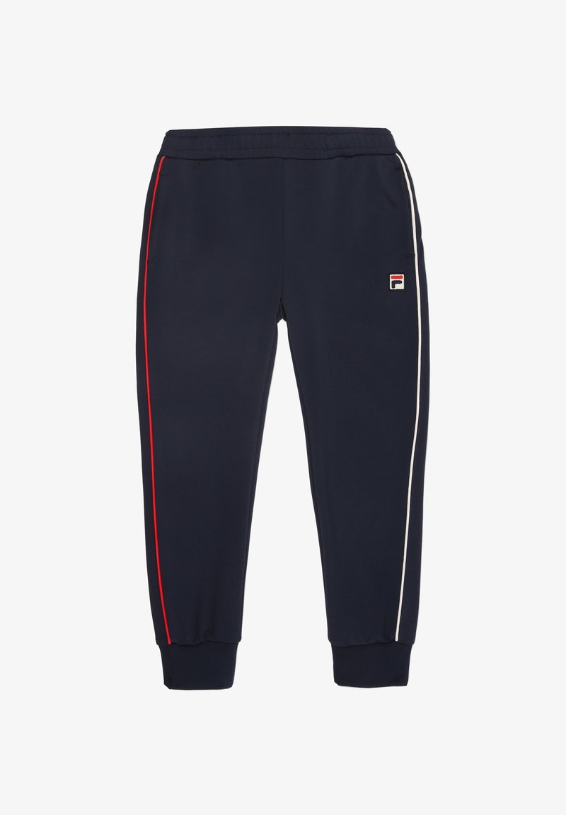 Marineblauwe sportbroek met rode en witte zijkanten, elastische tailleband en geribbelde boorden. Kenmerkt zich door een klein logo op de bovenbenen.