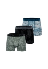 Trois paires de boxers pour hommes : gris avec un motif de feuilles, noir avec un motif à pois, et bleu/blanc avec un motif géométrique, dotés de ceintures élastiques.