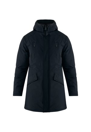 Černá, zateplená parka s vysokým límcem, nastavitelnou kapucí, dvěma zipovými kapsami na hrudi a dvěma velkými předními kapsami.