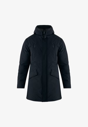 Zwarte, geïsoleerde parka-jack met een hoge kraag, verstelbare capuchon, twee ritszakken op de borst en twee grote voorzakken.