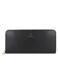 Black leather wallet with a textured finish, gold logo detail, and zip closure. Sleek rectangular shape with a smooth interior.