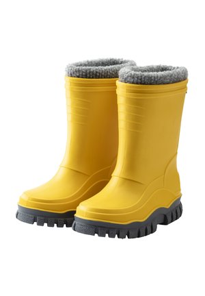 Gelbe Gummistiefel mit grauem Fleece-Futter, strukturierter Außenseite und schwarzen Gummisohlen mit tiefem Profil für optimale Griffigkeit.