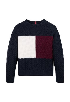 Maglione in maglia blu navy con trama a trecce, caratterizzato da un pannello centrale in crema e bordeaux con motivi a contrasto. Scollo tondo.