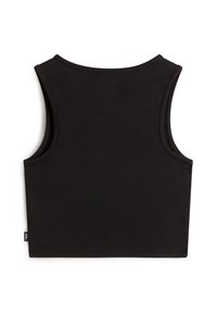 Top corto nero realizzato in morbido cotone con scollatura rotonda e design senza maniche. Presenta cuciture piatte e un'etichetta sul lato sinistro in basso.