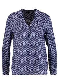 Maglia a maniche lunghe blu navy con scollo a V, dettaglio con bottoni e motivo geometrico in rosa chiaro, realizzata in tessuto leggero.