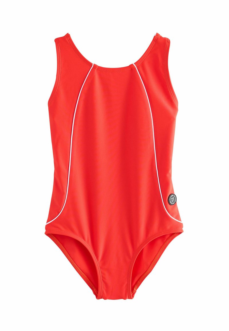 Roter einteiliges Badeanzug mit weißem Besatz, mit ärmellosem Design und Rundhalsausschnitt. Enthält ein kreisförmiges Logo-Detail an der Seite.