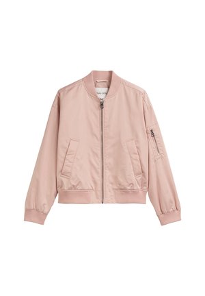 Helle rosa Bomberjacke mit Reißverschluss vorne, geripptem Kragen und Bündchen, zwei Seitentaschen und einer Reißverschlusstasche am Arm. Glattes Material.