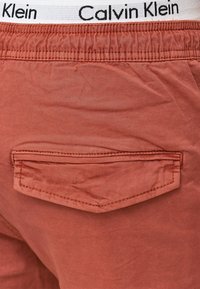 Elastische tailleband met Calvin Klein-logo boven roestkleurige korte broek met een enkele achterzak met een flap.