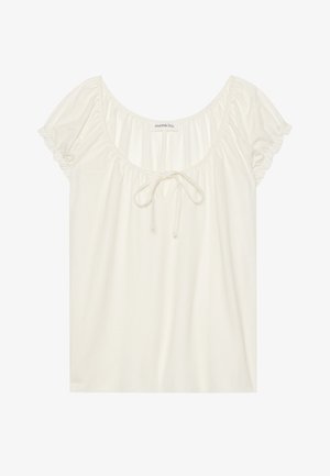 Krémowy top z krótkim rękawem o marszczonym dekolcie, z wiązaniem na sznurku na środku i miękkim, gładkim materiale. Rozkloszowane rękawy z falbanami na brzegach.