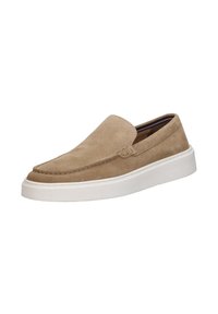 Beige suede slip-on shoe with a rounded toe, contrasting white rubber sole, and decorative stitching along the edge. Smooth texture throughout.