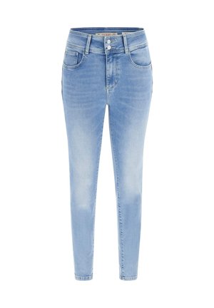 Lichtblauwe skinny jeans van denim. Bevat twee voorzakken, een hoge tailleband en sluiting met twee knopen. Versleten details aanwezig.