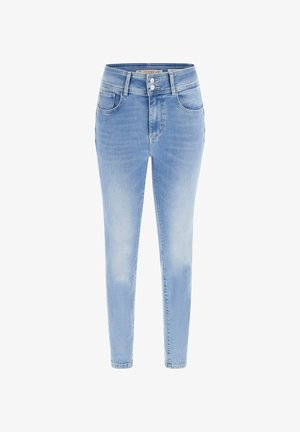 Light blue skinny jeans made of denim. Features two front pockets, a high waistband, and two-button closure. Distressed details present.
