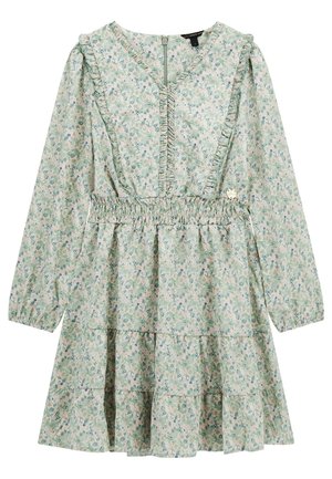 Sukienka w kwiaty z jasnej zielonej tkaniny, z długimi rękawami, falbaniastym dekoltem, elastyczną talią, warstwową spódnicą i małym akcentem po boku.