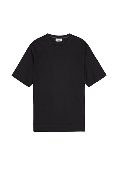 T-shirt noir à manches courtes en coton. Il présente un col rond et une coupe droite. Aucune motif ni graphique visible. Texture lisse.