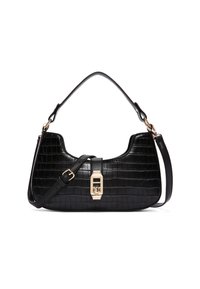 Borsa nera con motivo coccodrillo, dalla silhouette curva, texture lucida, hardware color oro e tracolla removibile.