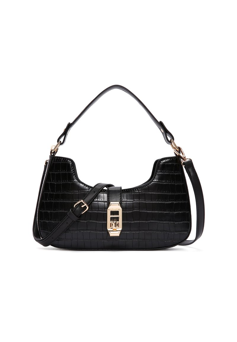 Borsa nera con motivo coccodrillo, dalla silhouette curva, texture lucida, hardware color oro e tracolla removibile.