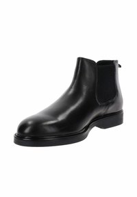 Stivaletto in pelle nera con finitura liscia, pannelli laterali elasticizzati, punta tonda e tacco basso e robusto. Design classico adatto a diverse occasioni.