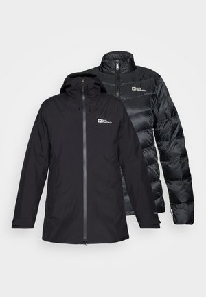 Zwarte twee-in-één jas, met een waterdichte buitenlaag met capuchon en een warme geïsoleerde binnenlaag, beide met merkl logo's.