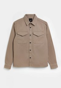 Jasnobrązowa koszula z długim rękawem wykonana z teksturowanego materiału, z kołnierzykiem w szpic, dwoma kieszeniami na piersi oraz czarnym zapięciem na guziki.