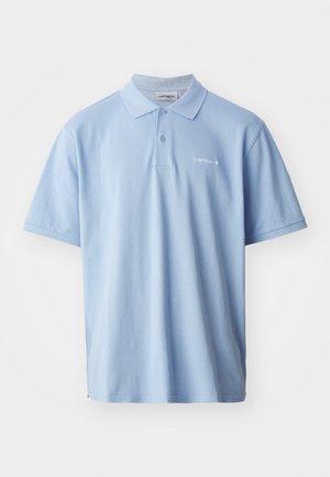 Light blue cotton polo shirt with short sleeves, three-button placket, and embroidered logo on the left chest. Smooth texture.