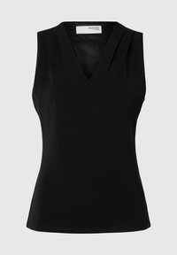 Black sleeveless top featuring a V-neck and pleat detail at shoulders. Made of soft fabric with a fitted silhouette and straight hem.