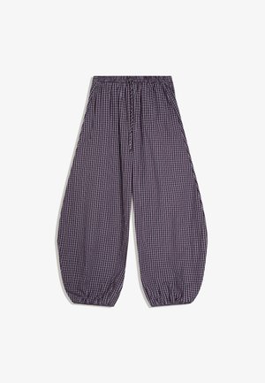 Loszittende broek met elastische taille en enkelsluitingen, met een klein paars-wit geruit patroon.