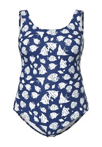 Navyblauw zwemkleding met een wit vispatroon, met een ronde halslijn en een gemiddelde beenuitsnede. Soepele textuur en rekbare stof.