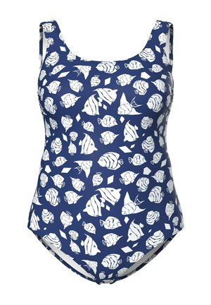 Costume da bagno blu navy con un motivo di pesci bianchi, con scollatura a barca e taglio medio della gamba. Tessuto morbido e elastico.