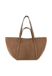 Braune Wildledertasche mit zwei langengriffen und offenem Oberteil, die eine weiche, leicht strukturierte rechteckige Form aufweist.