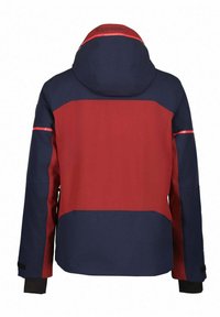 Giacca da uomo con un design a blocchi di colore blu navy e rosso, con cappuccio e dettagli riflettenti sulle maniche. Realizzata in un materiale testurizzato e resistente alle intemperie.
