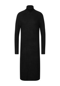 Abito a collo alto nero realizzato in tessuto lavorato a maglia. Maniche lunghe, vestibilità aderente, design di lunghezza media con una texture semplice e liscia.