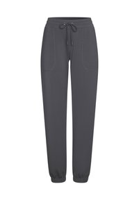 Dunkelgraue Jogginghose aus weichem Material, mit elastischen Bündchen, Kordelzugbund und zwei seitlichen Taschen mit aufgestickten Konturen.