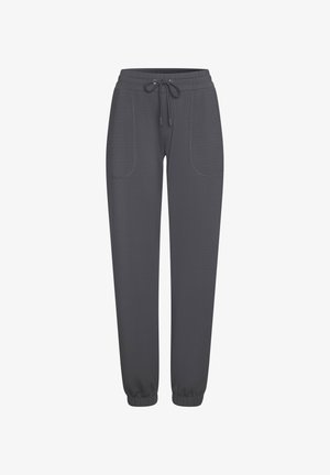 Dunkelgraue Jogginghose aus weichem Material, mit elastischen Bündchen, Kordelzugbund und zwei seitlichen Taschen mit aufgestickten Konturen.