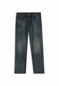 Donkerblauwe denim straight-leg jeans, met subtiele vervaging, contrasterende stiksels en een klassieke vijf-pocketontwerp met een knoopsluiting.