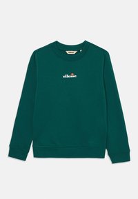 Sudadera de manga larga verde oscura con puños y dobladillo acanalados, que presenta un pequeño logo en blanco y naranja de "ellesse" centrado en el pecho.