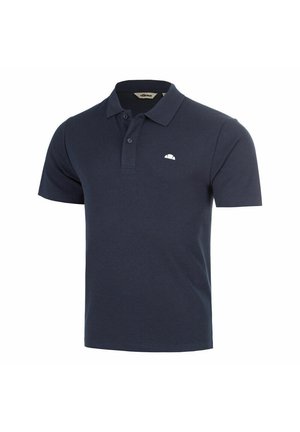 Marineblauw poloshirt met korte mouwen, een kraag, een knoopsluiting met twee knopen en een klein wit logo op de linkerborst.