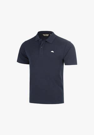 Polo blu navy a maniche corte con colletto, patta con due bottoni e piccolo logo bianco sul petto a sinistra.