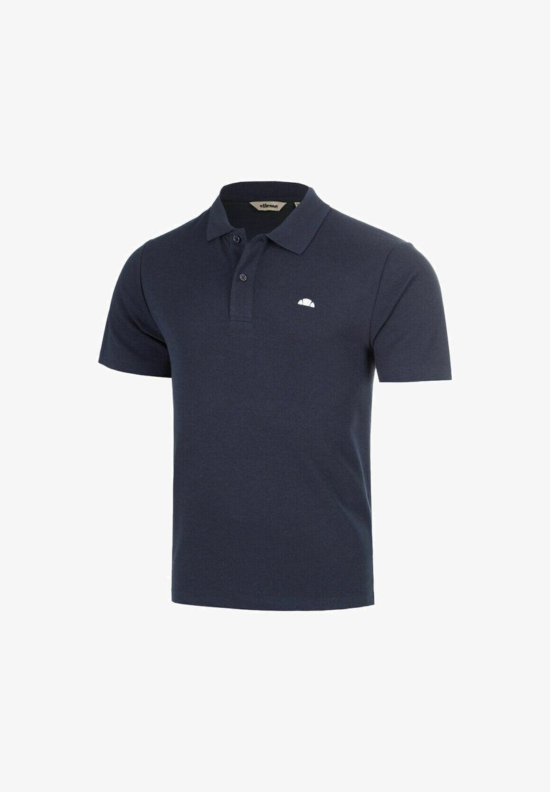 Marineblaues Poloshirt mit kurzen Ärmeln, Kragen, Zwei-Knopf-Leiste und kleinem weißem Logo auf der linken Brust.